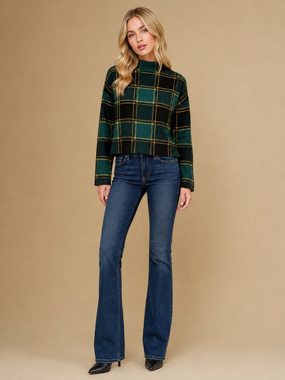 TAHARI Plaid Turtleneck Pullover Sweater Green Black Medium #A4239